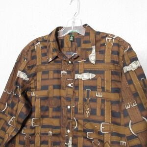 Lauren Ralph Lauren Top XL Equestrian Western Belt Old Money Timeless Button Up‎